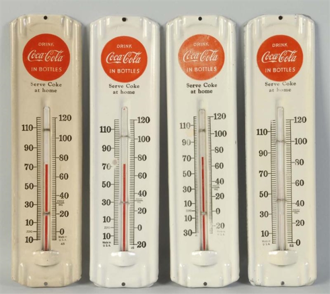 LOT OF 4: 1950S METAL COCA-COLA THERMOMETERS.    