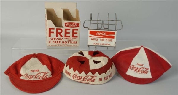 LOT OF 3: FELT HATS & 2 CARRIERS FOR COCA-COLA.   