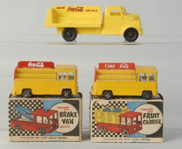 LOT OF 3: 1950S COCA-COLA TOY TRUCKS & 2 BOXES.   