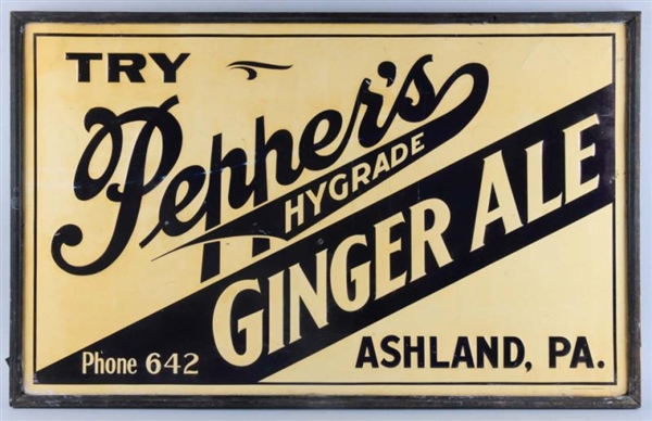 1930S PEPPER’S GINGER ALE EMBOSSED TIN SIGN.      