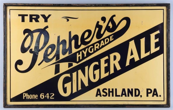 1930S TIN PEPPERS GINGER ALE EMBOSSED SIGN.      