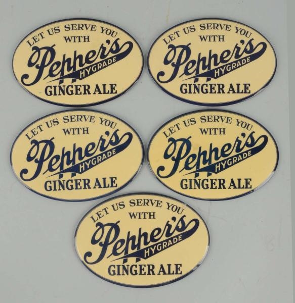 LOT OF 5:1930S PEPPERS GINGER ALE CELLULOID SIGNS 