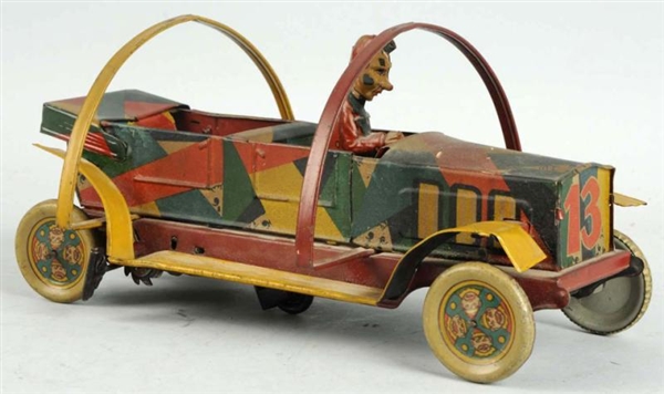GERMAN TIN LITHO WIND-UP ROLL OVER CLOWN CAR.     