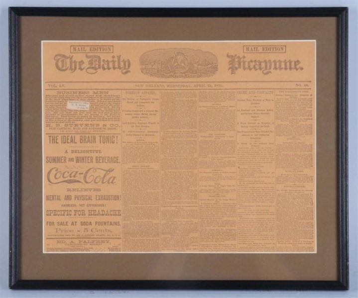 1891 NEWSPAPER AD FOR COCA-COLA.                  