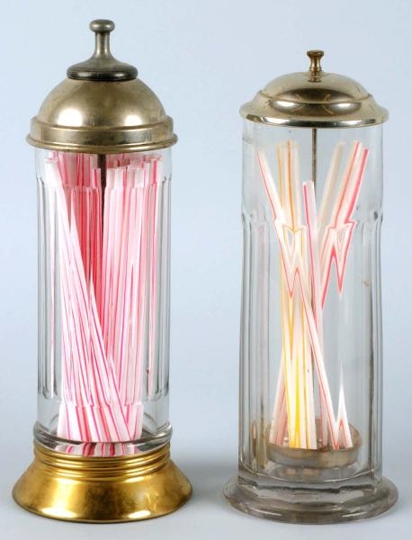 PAIR OF EARLY GLASS & METAL STRAW HOLDERS.        