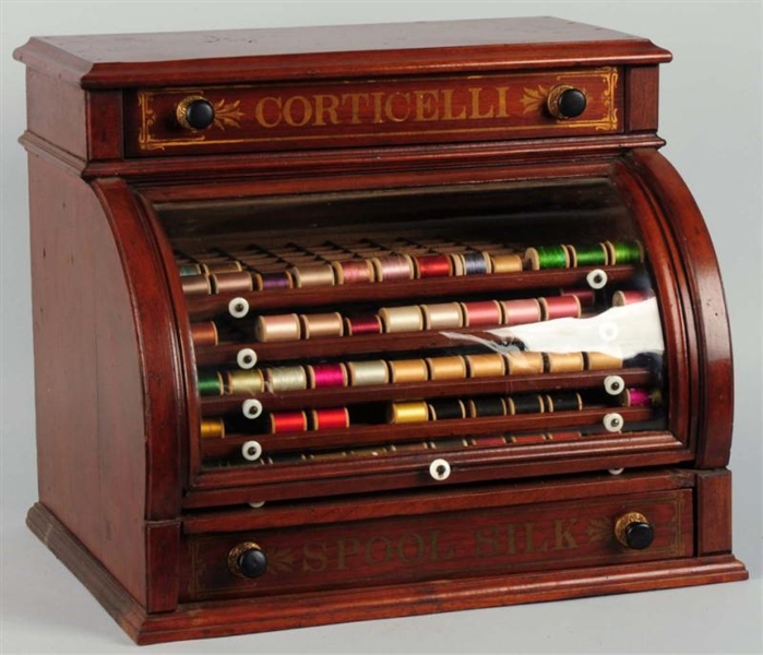 WOOD CORTICELLI CURVE FRONT GLASS SPOOL CABINET.  