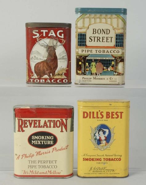 LOT OF 4: VERTICAL TOBACCO TINS.                  