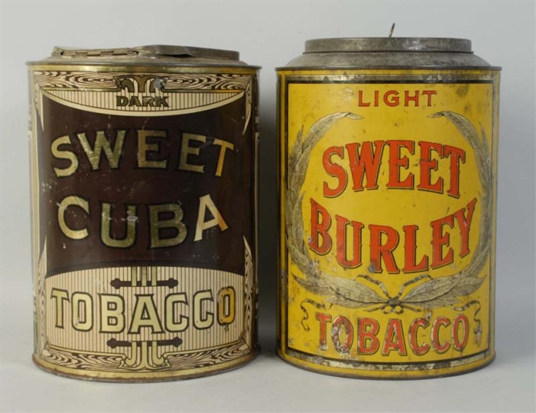 LOT OF 2: LARGE TOBACCO TIN CANS.                 
