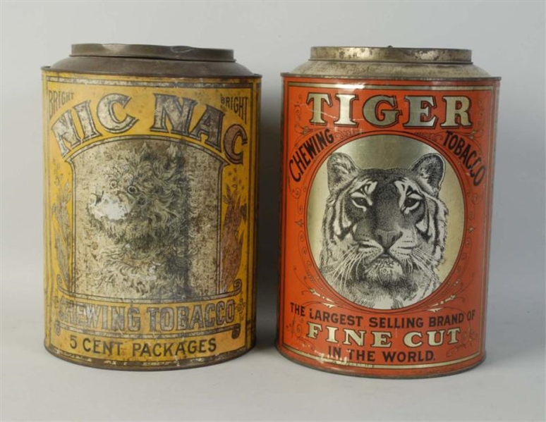 LOT OF 2: LARGE TOBACCO TIN CANS.                 