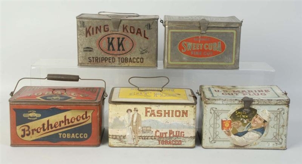 LOT OF 5: TOBACCO LUNCH PAIL TINS.                