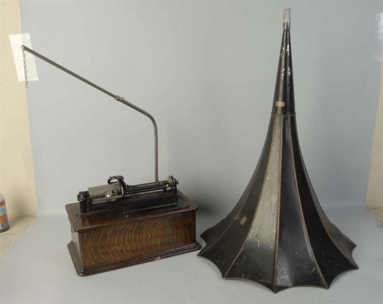 EDISON PHONOGRAPH WITH MORNING GLORY METAL HORN.  