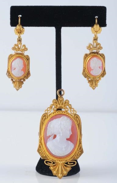 14K YELLOW GOLD VICTORIAN CAMEO BROOCH & EARRINGS 