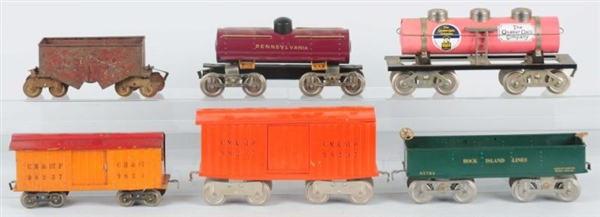 LOT OF 6:EARLY LIONEL STANDARD GAGE TRAIN CARS.   