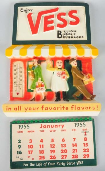 1950S VESS CHALKWARE SIGN/THERMOMETER/CALENDAR.   