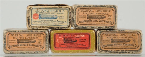 LOT OF 5: BOXES OF .22 CALIBER AMMO.              