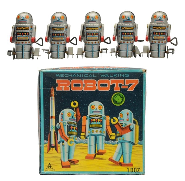 TIN LITHO WIND-UP BOX OF 5 ROBOT-7S.              