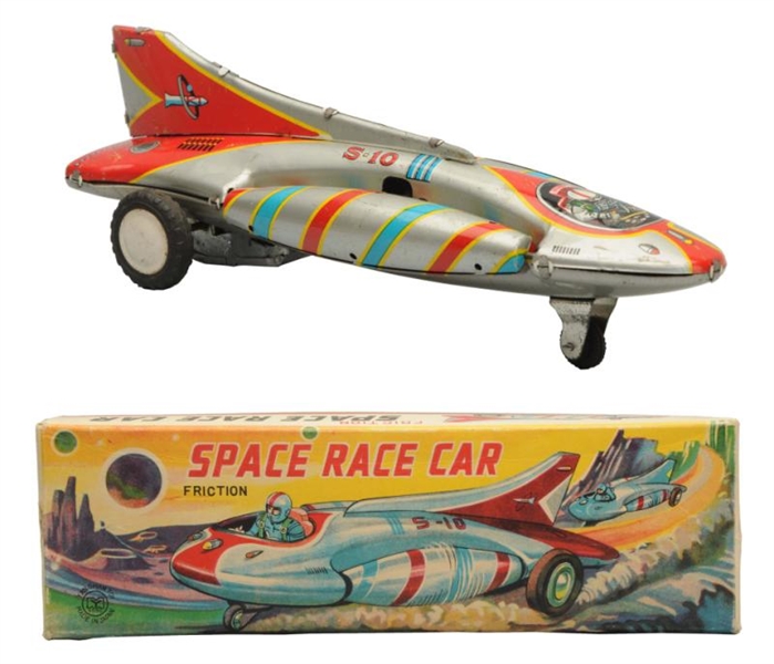 TIN LITHO FRICTION DRIVE SPACE RACE CAR S-10.     