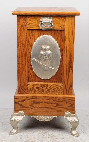 OAK OWL SLOT MACHINE STAND WITH DRAWER.           