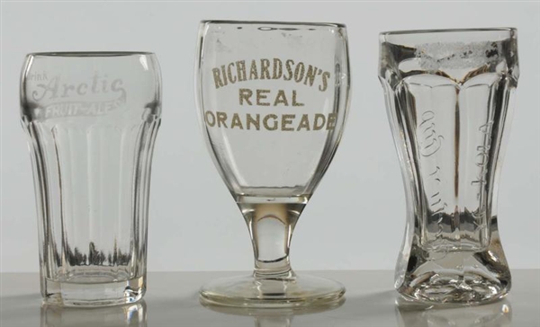 LOT OF 3: SMALL ADVERTISING GLASSE.               