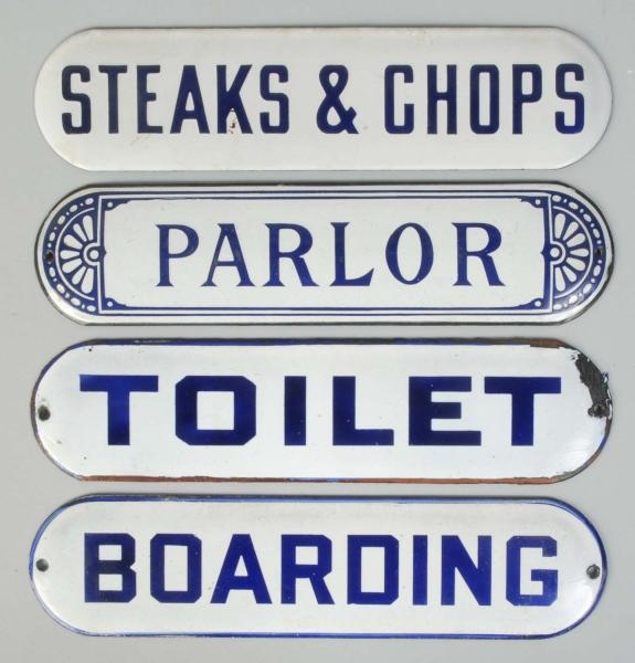 LOT OF 4: SMALL PORCELAIN SIGNS.                  