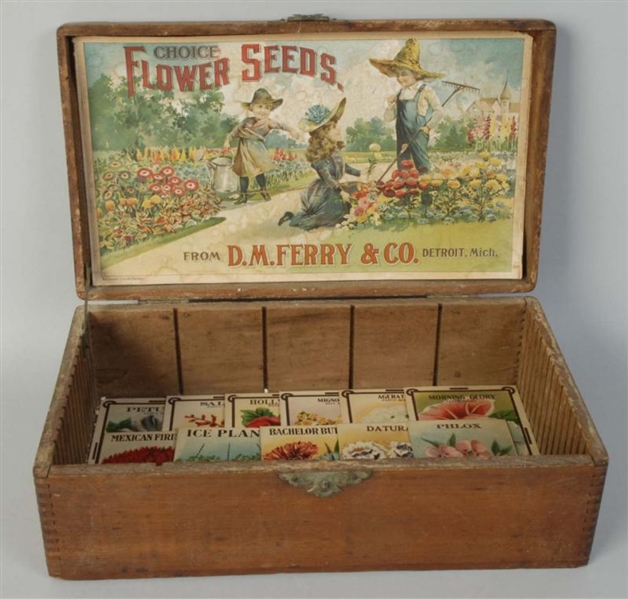 CHOICE FLOWER SEEDS WOODEN ADVERTISING BOX.       