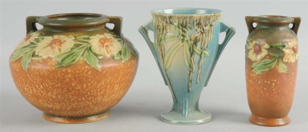 LOT OF 3: ASSORTED ROSEVILLE POTTERY VASES.       