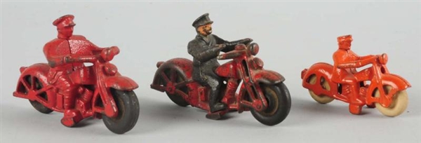 LOT OF 3: CAST IRON HUBLEY MOTORCYCLE TOYS.       