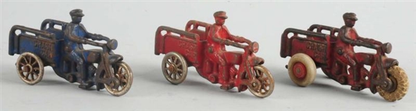 LOT OF 3: CAST IRON HUBLEY CRASH CAR MOTORCYCLES. 