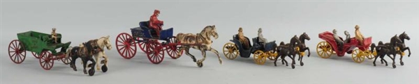 LOT OF 4: CAST IRON & LEAD HORSE-DRAWN VEHICLES.  