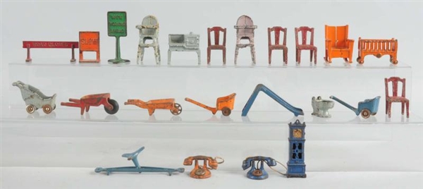LG. LOT OF CAST IRON TOY FURNITURE & VEHICLES.    