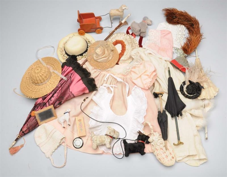 LOT OF ANTIQUE DOLL CLOTHING AND ACCESSORIES.     