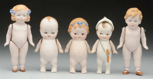LOT OF 5: GERMAN ALL-BISQUE DOLLS.                