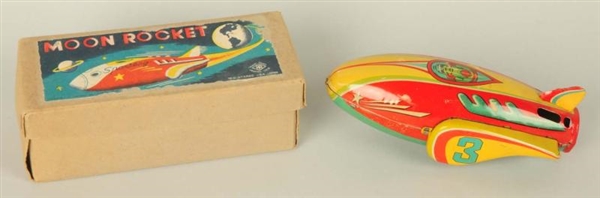 JAPANESE TIN LITHO FRICTION MOON ROCKET TOY.      