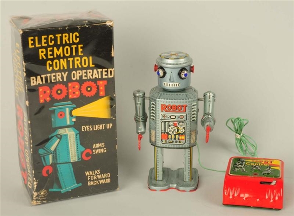 JAPANESE BATTERY OPERATED TIN LITHO TOY ROBOT.    