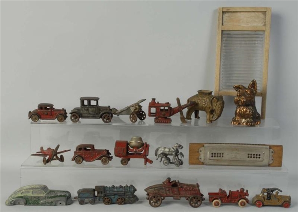 MISC. LOT OF CAST IRON VEHICLE TOYS & BANKS.      