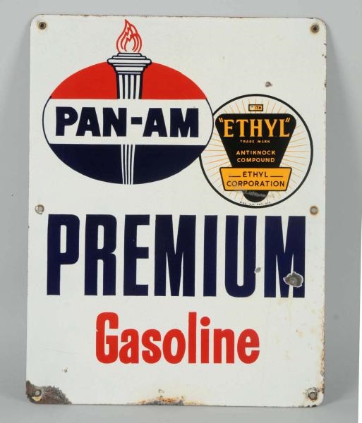 PAN-AM PREMIUM GASOLINE WITH ETHYL LOGO SIGN.     