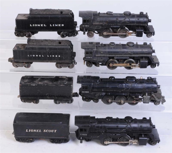 LOT OF 4: LIONEL STEAM LOCOMOTIVES & TENDERS.     