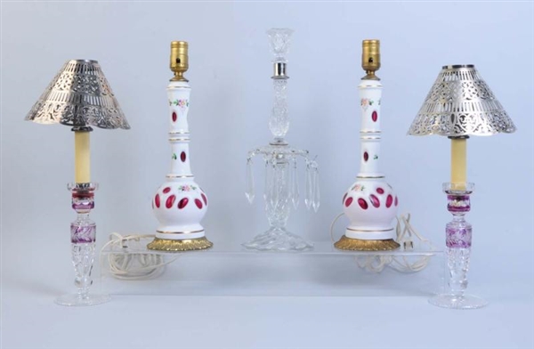 LOT OF 5: ASSORTED LAMPS/CANDLEHOLDERS.           