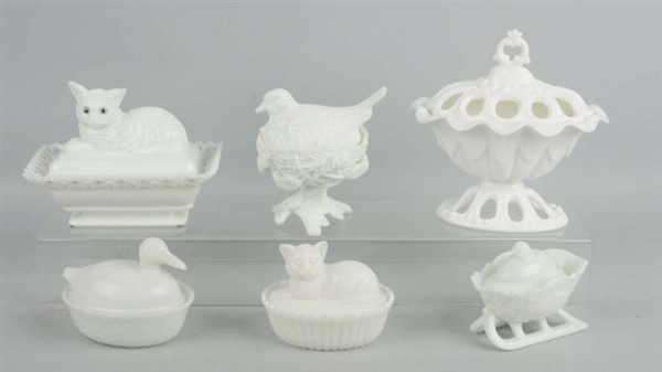 LOT OF 6: MILK GLASS PIECES.                      