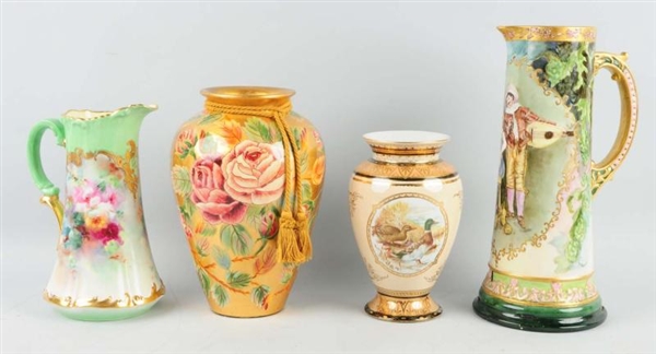 LOT OF 4: HANDPAINTED VASES & PITCHERS.           