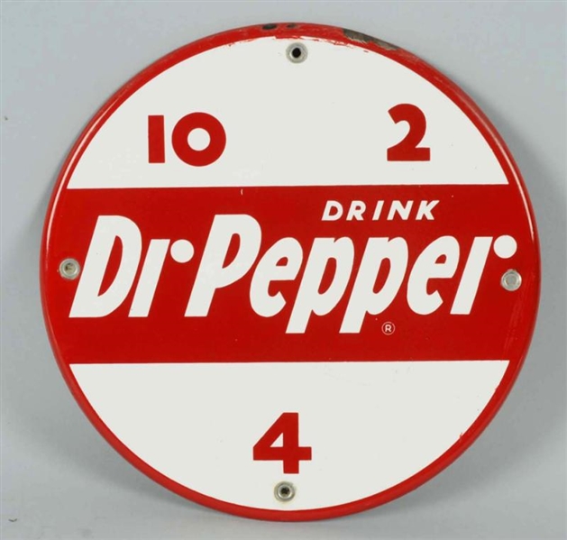 1950S WHITE DR. PEPPER ROUND PORCELAIN SIGN.      
