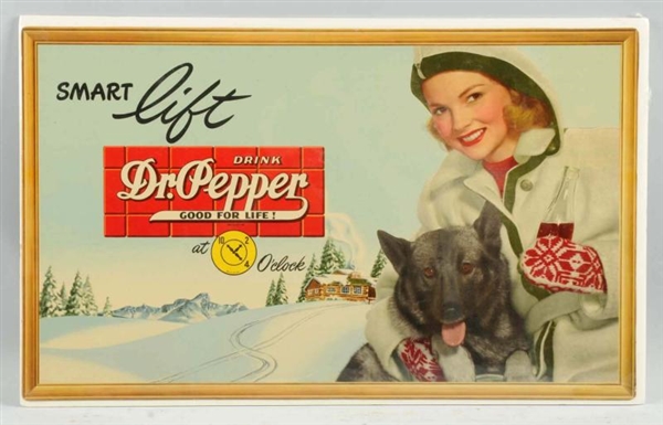 1940S SMALL DR. PEPPER POSTER GIRL & DOG.         