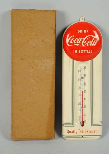 1950S COCA-COLA EMBOSSED TIN THERMOMETER & BOX.   