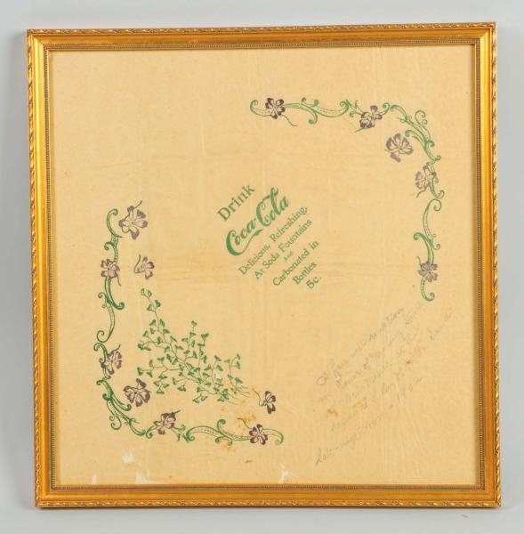 EARLY COCA-COLA FRAMED RICE PAPER NAPKIN.         