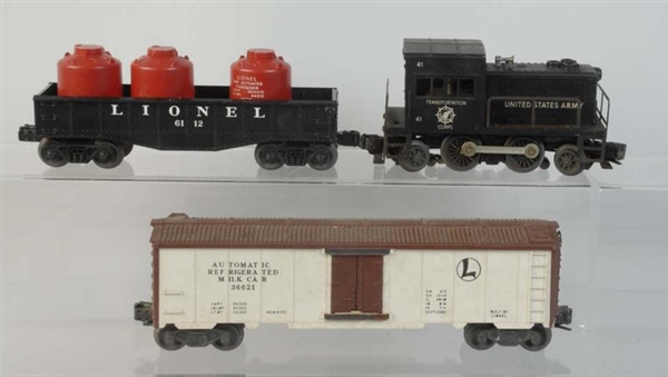 LIONEL NO.41 SWITCHER, 3662 MILK, 6112 CANISTER.  