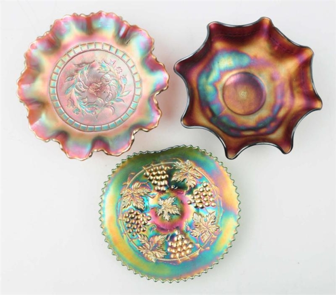 LOT OF 3: NORTHWOOD CARNIVAL GLASS BOWLS.         