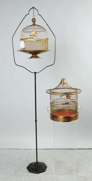LOT OF 2: BRASS BIRD CAGES & 1 STAND.             