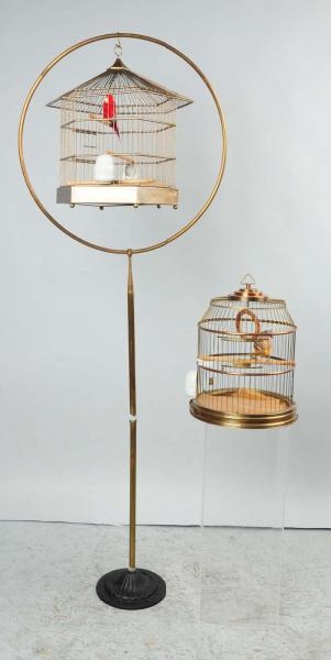 LOT OF 2: BRASS BIRD CAGES & 1 STAND.             