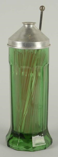 GREEN FLUTED GLASS STRAW CONTAINER.               