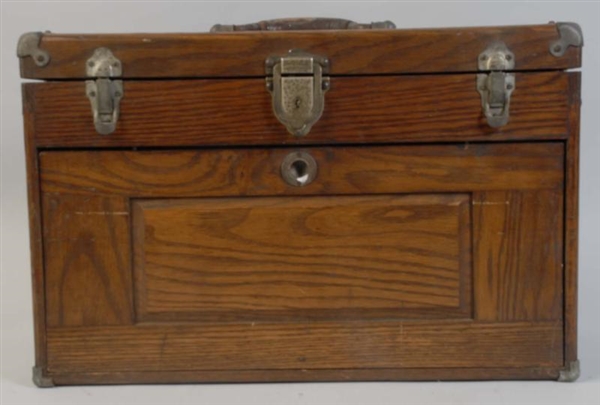 WOODEN TOOL CHEST WITH TOOLS.                     